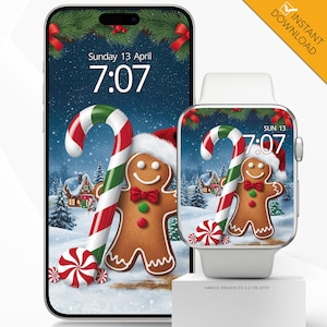 May include: A digital watch face featuring a gingerbread man and candy cane against a snowy winter backdrop. The watch face shows the time as 7:07 and the date as Sunday 13.