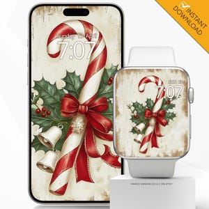 May include: A digital watch face design featuring a red and white candy cane, holly, and bells on a vintage-style background. The time is displayed as 7:07.