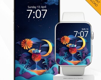 Sommercocktails-Hintergrundbild für Telefon und Apple Watch, lebendiger Smartwatch-Hintergrund mit Urlaubsstimmung, tropisches Paradies, entspannendes Urlaubsbildschirmgesicht