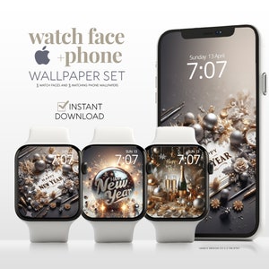 Sfondo per Apple Watch di Capodanno, sfondo scintillante per smartwatch festivo, quadrante per orologio digitale con palla a specchio, set di bundle estetici per feste di Capodanno