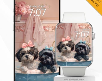Shih Tzu Apple Watch Face Phone Wallpaper, Cute Teacup Dog Bath Smartwatch Digital Background, iPhone Puppies Mom Fur Babies Pet Lover Gift