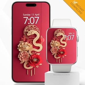 Anno del serpente Apple Watch e sfondo del telefono Capodanno cinese 2025 sfondo, oro rosso cinese zodiaco capodanno lunare design arte digitale