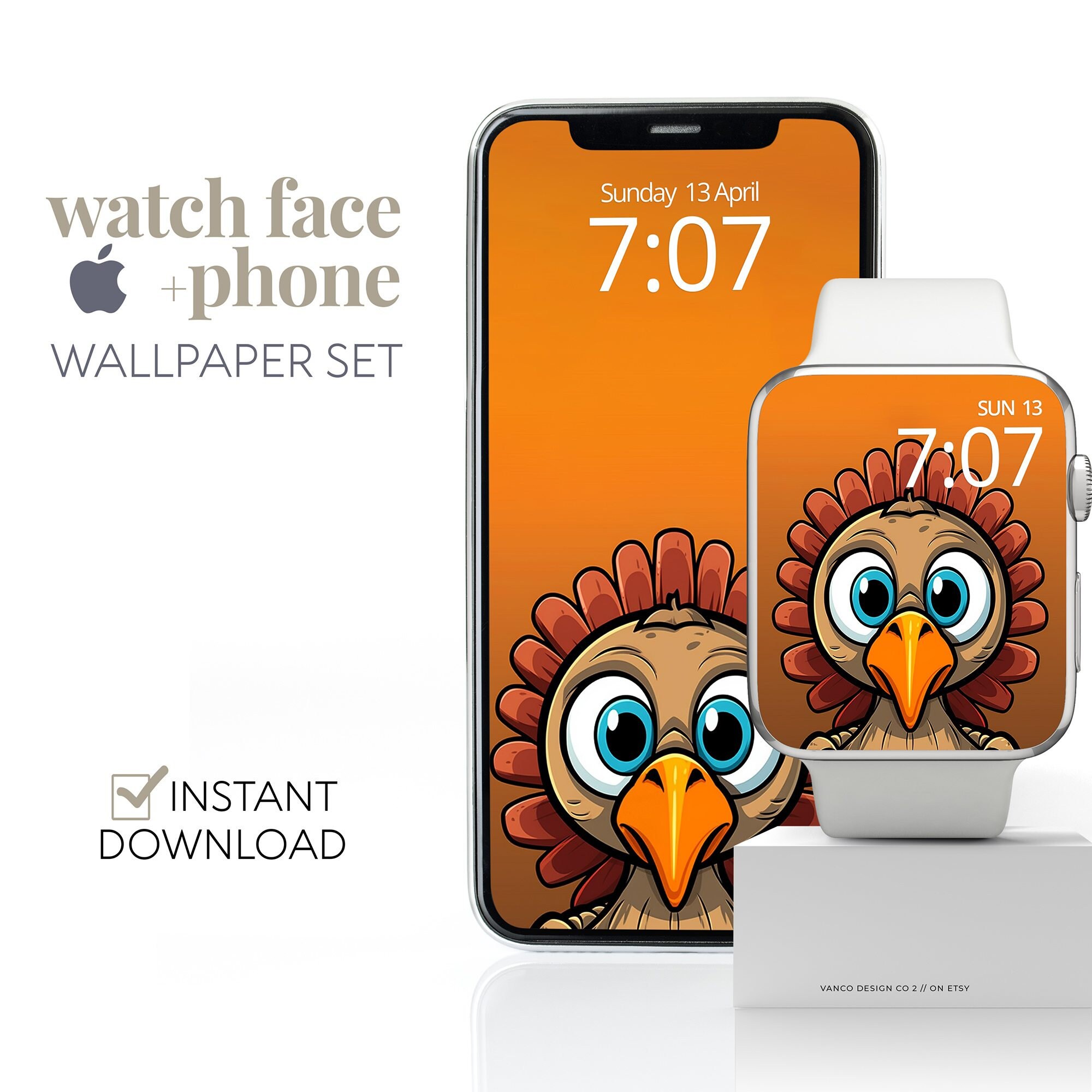 Thanksgiving Fall Wallpaper Apple Watch Phone Set, Autumn Aesthetic Happy Turkey Day Background Face, Cozy Orange Cartoon Cellphone Design