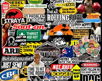 May include: A collection of colorful stickers with various designs and text. The stickers feature images of a kangaroo with boxing gloves, a John Deere logo, and phrases like "Yeah Nah" and "Just Send It." The overall theme is Australian and off-road culture.
