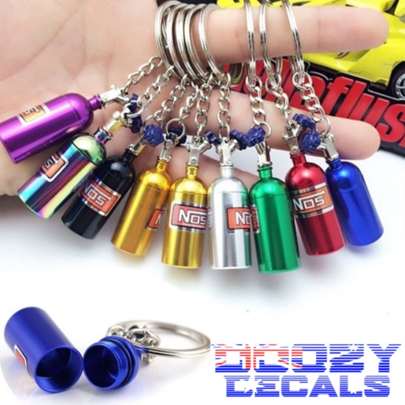Nos bottle keychains with secret stash compartment, JDM keychain, green nos bottle, key accessories, nos bottle for car keys, nitrous oxide image 1