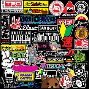 May include: A collection of various automotive and pop culture stickers on a black background, featuring logos like TRD, Hondata, Night Runner, and Spoon Sports, alongside graphic illustrations of characters, Japanese text, and drifting-themed slogans.