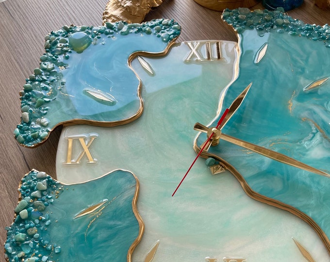 Decor. Epoxy Clock. Resin Art Wall Clock. Amazonite Wall Clock. Home
