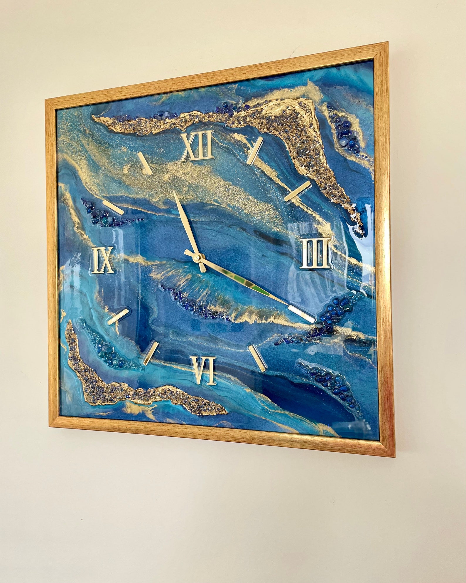 Resin Art Wall Clock. Dark Blue Wall Clock. Clock in Frame. Etsy