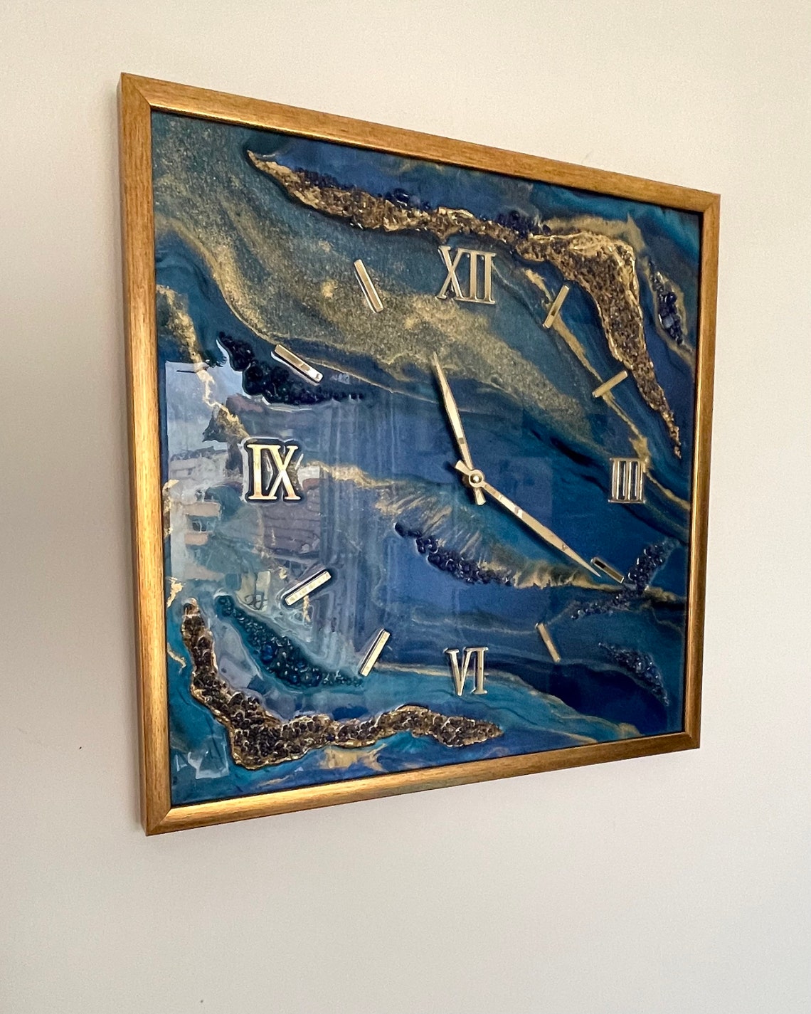 Resin Art Wall Clock. Dark Blue Wall Clock. Clock in Frame. Etsy