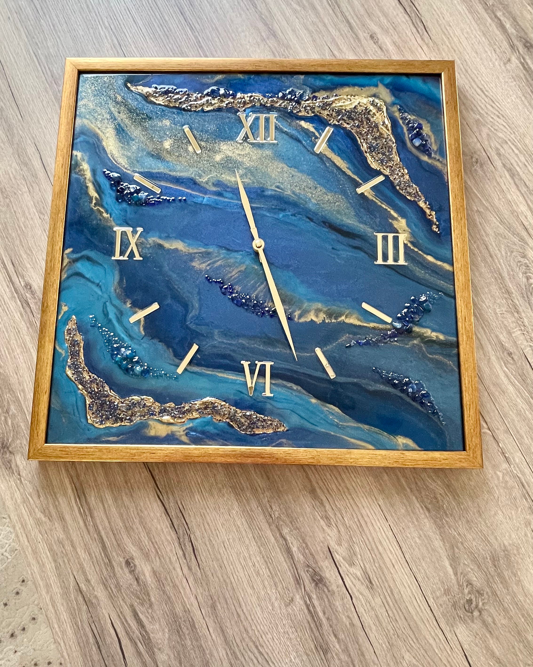 Resin Art Wall Clock. Dark Blue Wall Clock. Clock in Frame. Etsy