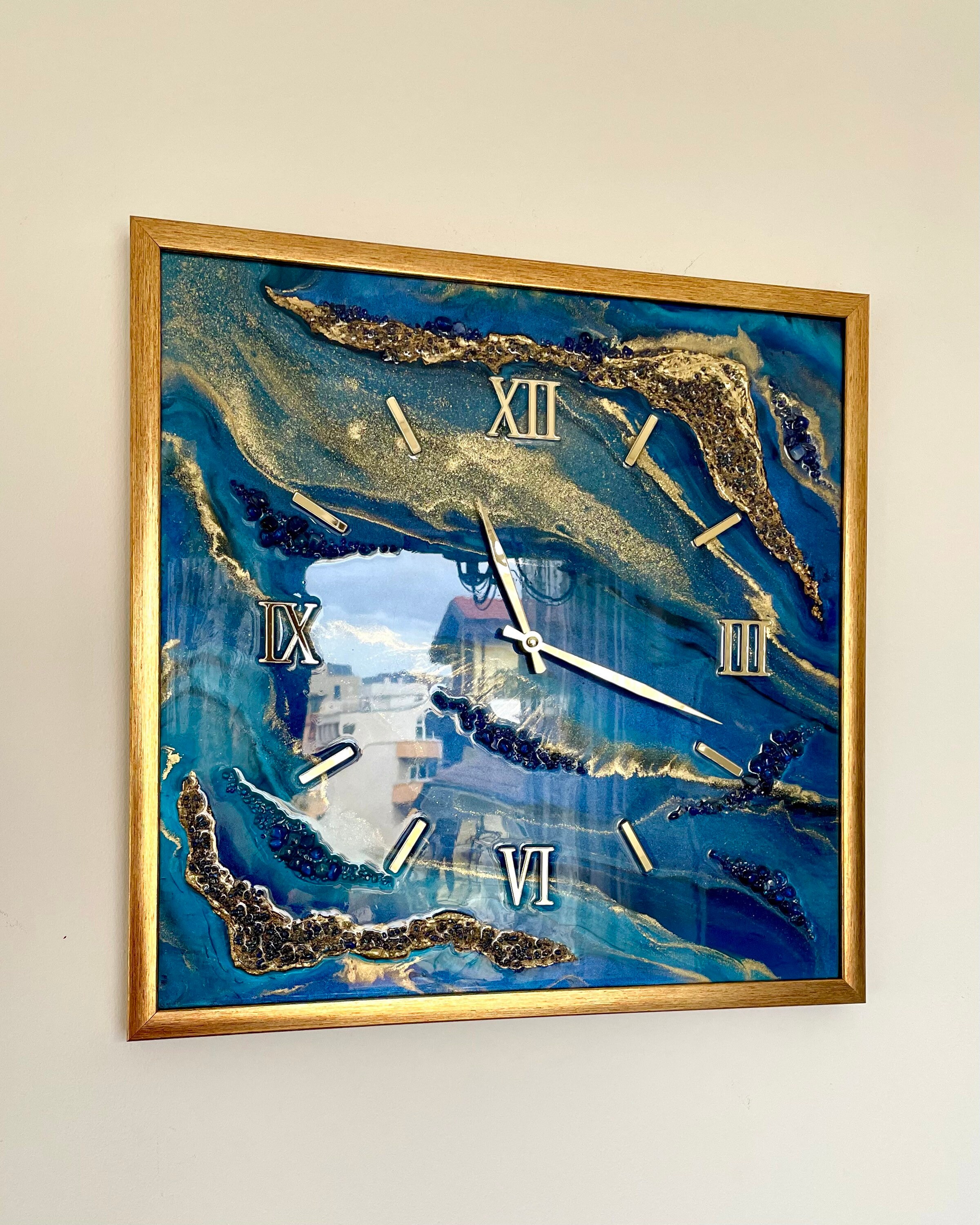 Resin Art Wall Clock. Dark Blue Wall Clock. Clock in Frame. Etsy