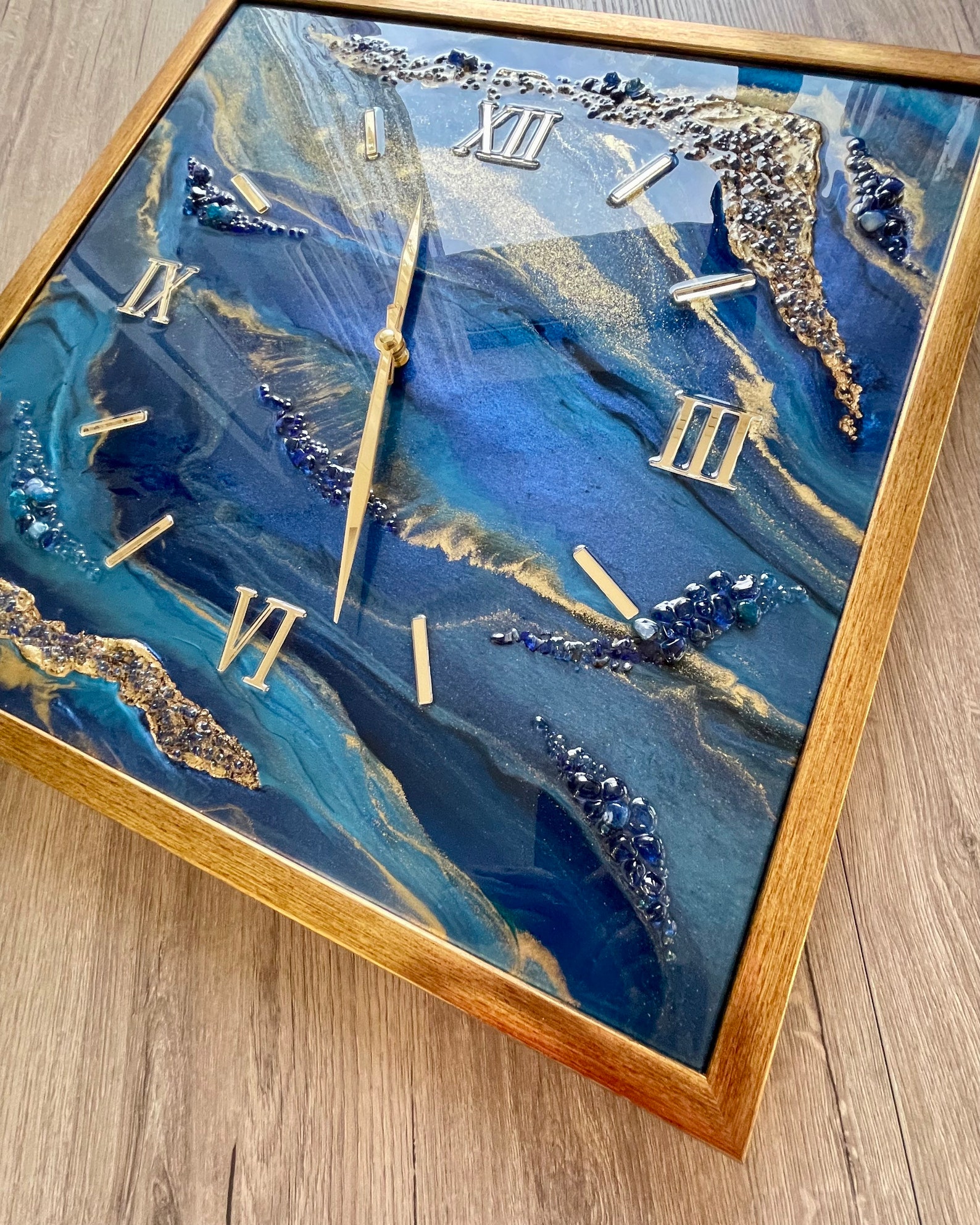 Resin Art Wall Clock. Dark Blue Wall Clock. Clock in Frame. Etsy