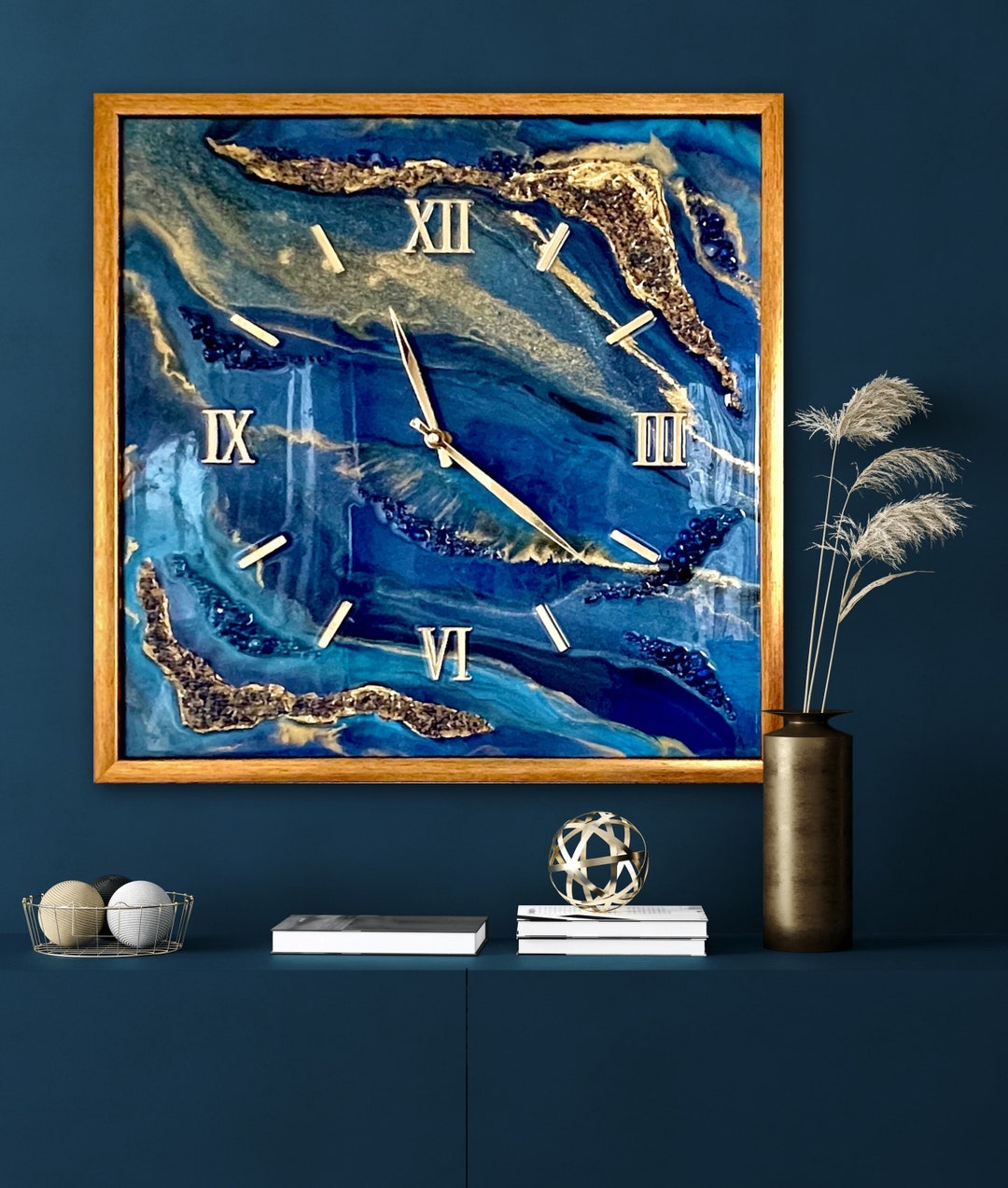 Resin Art Wall Clock. Dark Blue Wall Clock. Clock in Frame. Etsy