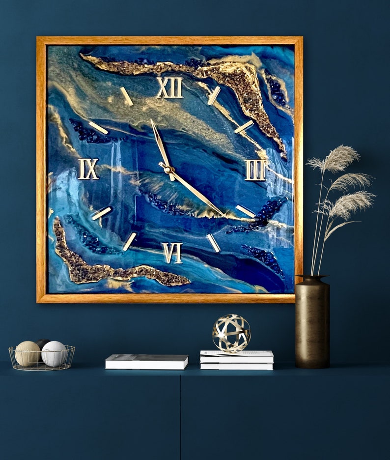 Resin Art Wall Clock. Dark Blue Wall Clock. Clock in Frame. Etsy