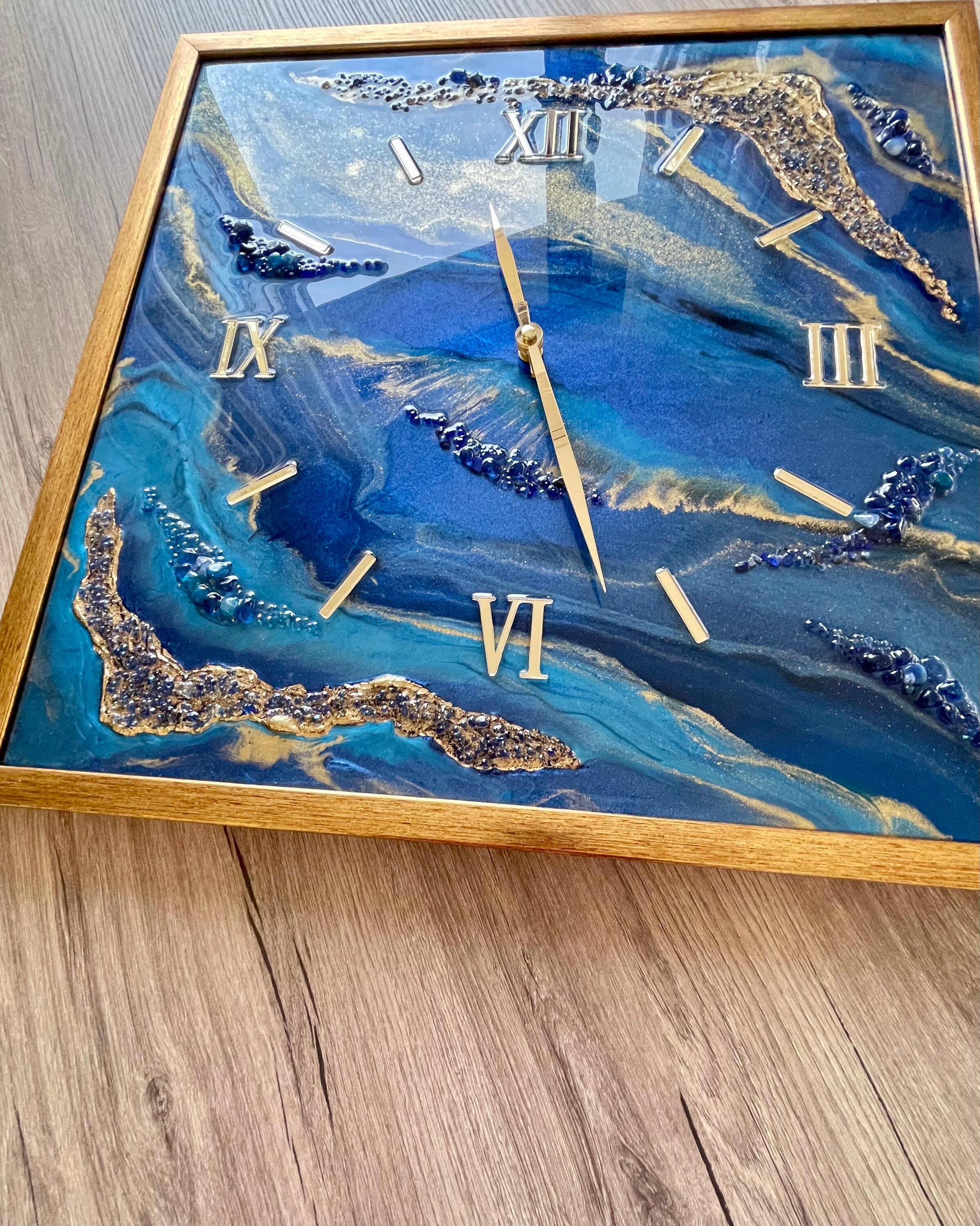 Resin Art Wall Clock. Dark Blue Wall Clock. Clock in Frame. Etsy