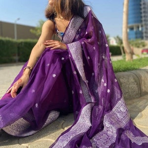 purple Banarasi Pure Chiffon georgette Saree Georgette Banarasi Silk Handwoven Saree Designer Weaving Fabric Sari Women Gifts Fabric