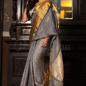 Sari in lino grigio oro, sari tessuto a mano con bordo Zari, lino biologico di Linen Sari, sari in lino e seta Jamdani, abbigliamento da festa, damigella d'onore