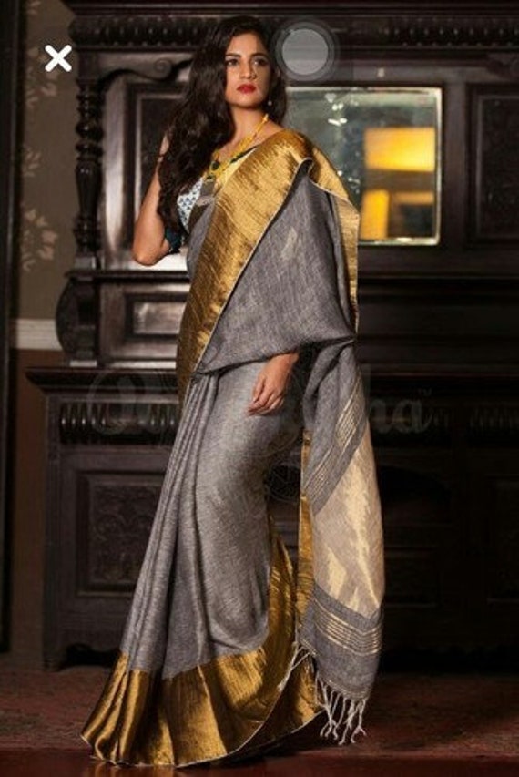 Grey Gold Linen Saree Handwoven Saree with Zari Border Organic Linen by Linen Sari Handloom Linen Silk Jamdani Sari Party Wear Bridesmaid