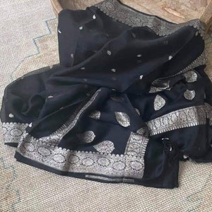 Black Silver Banarasi Pure Chiffon georgette Saree Georgette Banarasi Silk Handwoven Saree Designer Weaving Fabric Sari Women Gifts Fabric
