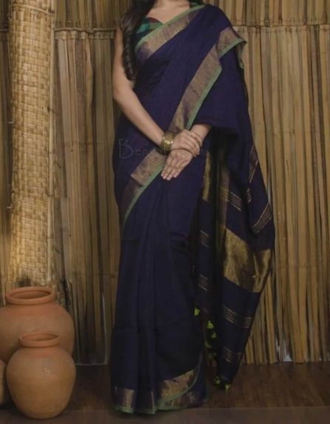 Ready-to-Wear Linen Saree with Zari Border & Printed Design | 1 Minute Saree(HRTW50)