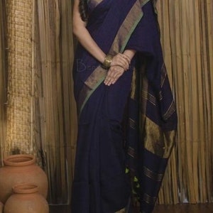 Bellissimo Saree di lino Saree intrecciato a mano con bordo Zari Lino organico di Linen Sari Handloom Seta di lino Jamdani Sari Abbigliamento da festa Damigella d'onore