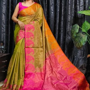 Nuovo arrivo Kolka Design Tissue Handloom Saree In con camicetta Saree intrecciato a mano Sari organico Sari da sposa Abiti da festa Top da damigella d'onore