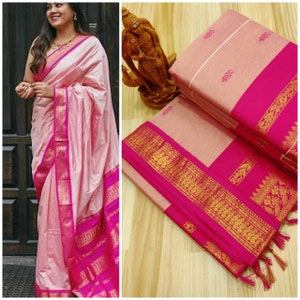Pink Cotton Silk Saree With Border Designner Indian Saree Wedding Party Wear REadymada Blouse Handloom Sari Party Wear Bridesmaid