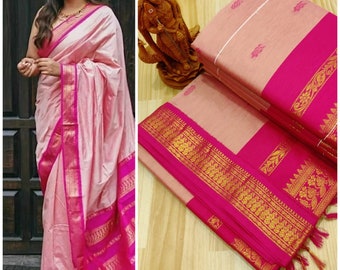 Pink Cotton Silk Saree With Border Designner Indian Saree Wedding Party Wear REadymada Blouse Handloom Sari Party Wear Bridesmaid