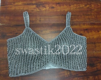 Silver Bridal Designer Blouse Heavy Beaded Blouse Made To Order Indian Cocktail Party wedding Blouses Sleeveless Top Blouse for Bridesmaids