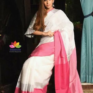 Bellissimo sari in lino, sari tessuto a mano con bordo Zari, lino biologico di Linen Sari, lino e seta, sari Jamdani, abito da festa, damigella d'onore