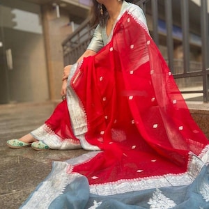 Red and Grey Banarasi Pure Chiffon georgette Saree Georgette Banarasi Silk Handwoven Saree Designer Weaving Fabric Sari Women Gifts Fabric