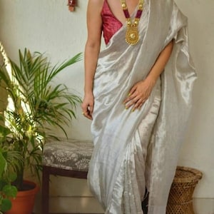 Puro Tessuto Lino Saree Tessuto a Mano Saree Zari Bordo Lino Organico da Lino Sari Tessuto Telaio a Mano Saree Jamdani Sari Party Wear Damigella d'onore
