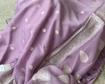 Lavender mauve Banarasi Pure Chiffon georgette Saree Georgette Banarasi Silk Handwoven Saree Designer Weaving Fabric Sari Women Gifts Fabric