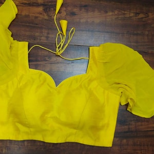 Yellow Plain Silk Blouse With Frill Sleeves Indian Readymade Sari Top Bollywood Sari Choli Party wear blouse handicraft festive Bridsmaids