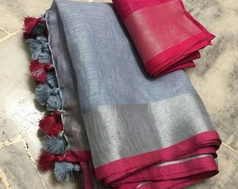 Grey & Pink Linen Saree Handwoven Saree with Zari Border Organic Linen by Linen Sari Handloom Linen Silk Jamdani Sari Party Wear Bridesmaid