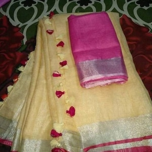 Geel roze linnen Saree Handgeweven Saree met Zari Border Biologisch linnen van Linnen Sari Handweefgetouw linnen Zijde Jamdani Sari Party Wear Bruidsmeisje