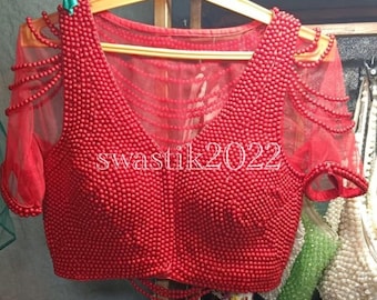 Red Bridal Designer Blouse Heavy Beaded Blouse Made To Order Indian Cocktail Party wedding Blouses Sleeveless Top Blouse for Bridesmaids