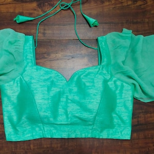 Sea Green Plain Silk Blouse With Frill Sleeve Indian Readymade Sari Top Bollywood Sari Choli Party wear blouse handicraft festive Bridsmaids