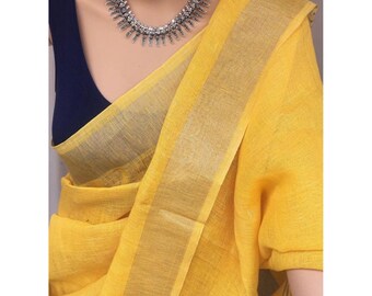 Beautiful Linen Saree Handwoven Saree with Zari Border Organic Linen by Linen Sari Handloom Linen Silk Jamdani Sari Party Wear Bridesmaid