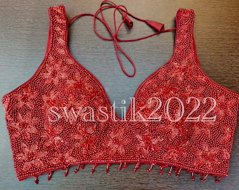 Red Bridal Designer Blouse Heavy Beaded Blouse Made To Order Indian Cocktail Party wedding Blouses Sleeveless Top Blouse for Bridesmaids