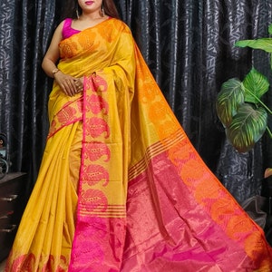 Nuovo arrivo Kolka Design Tissue Handloom Saree In con camicetta Saree intrecciato a mano Sari organico Sari da sposa Abiti da festa Top da damigella d'onore