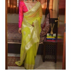 Mehendi Green Banarasi Pure Chiffon georgette Saree Georgette Banarasi Silk Handwoven Saree Designer Weaving Fabric Sari Women Gifts Fabric