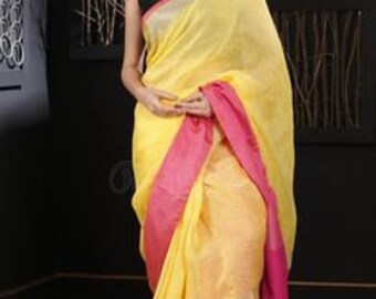 Yellow Linen Saree Handwoven Linen Saree with Zari Border Organic Linen by Linen Sari Handloom Linen Silk Jamdani Sari Party Wear Bridesmaid
