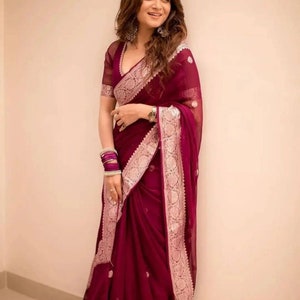 Maroon Red Banarasi Pure Chiffon georgette Saree Georgette Banarasi Silk Handwoven Saree Designer Weaving Fabric Sari Women Gifts Fabric
