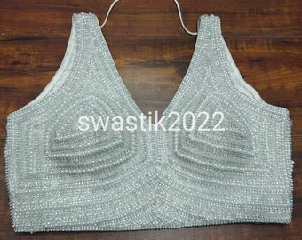 White Bridal Designer Blouse Heavy Beaded Blouse Made To Order Indian Cocktail Party wedding Blouses Sleeveless Top Blouse for Bridesmaids