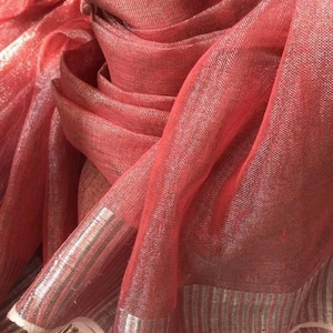 Puro Tessuto Lino Saree Tessuto a Mano Saree Zari Bordo Lino Organico da Lino Sari Tessuto Telaio a Mano Saree Jamdani Sari Party Wear Damigella d'onore