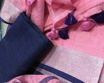 Pink & Blue Linen Saree Handwoven Saree with Zari Border Organic Linen by Linen Sari Handloom Linen Silk Jamdani Sari Party Wear Bridesmaid
