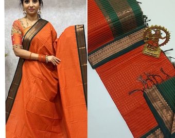 Gadwal Pathani sari Bawełniano-jedwabna kratka Saree jari pallu kontrastowa bluzka Saree Ślubne i imprezowe Sari tkane ręcznie Suknia imprezowa Suknia dla druhny