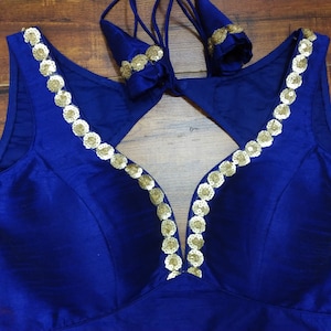 Royal Blue Raw Silk Sabyasachi Blouse Designer Saree Blouse Indian Readymade Sari Top Bollywood Choli Party wear blouse handicraft festive