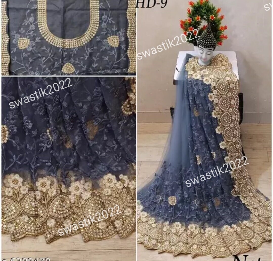Bridal Party Vintage Grey Premium Net Designer Saree